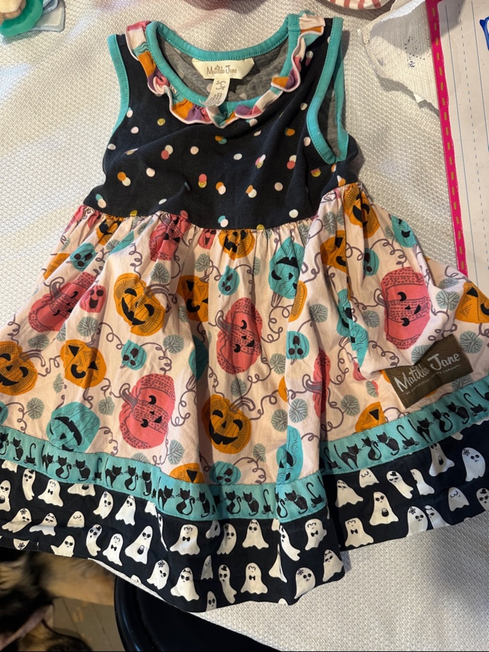 Matilda Jane Black, Teal, Pink & Yellow Pumpkin and Ghost Halloween Dress